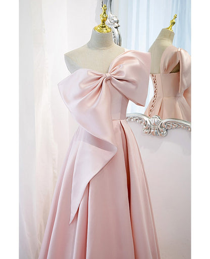Beautiful and minimalist pink satin sleeveless off shoulder ball dress with pink satin A-line/princess strapless butterfly tie and ground length evening dress