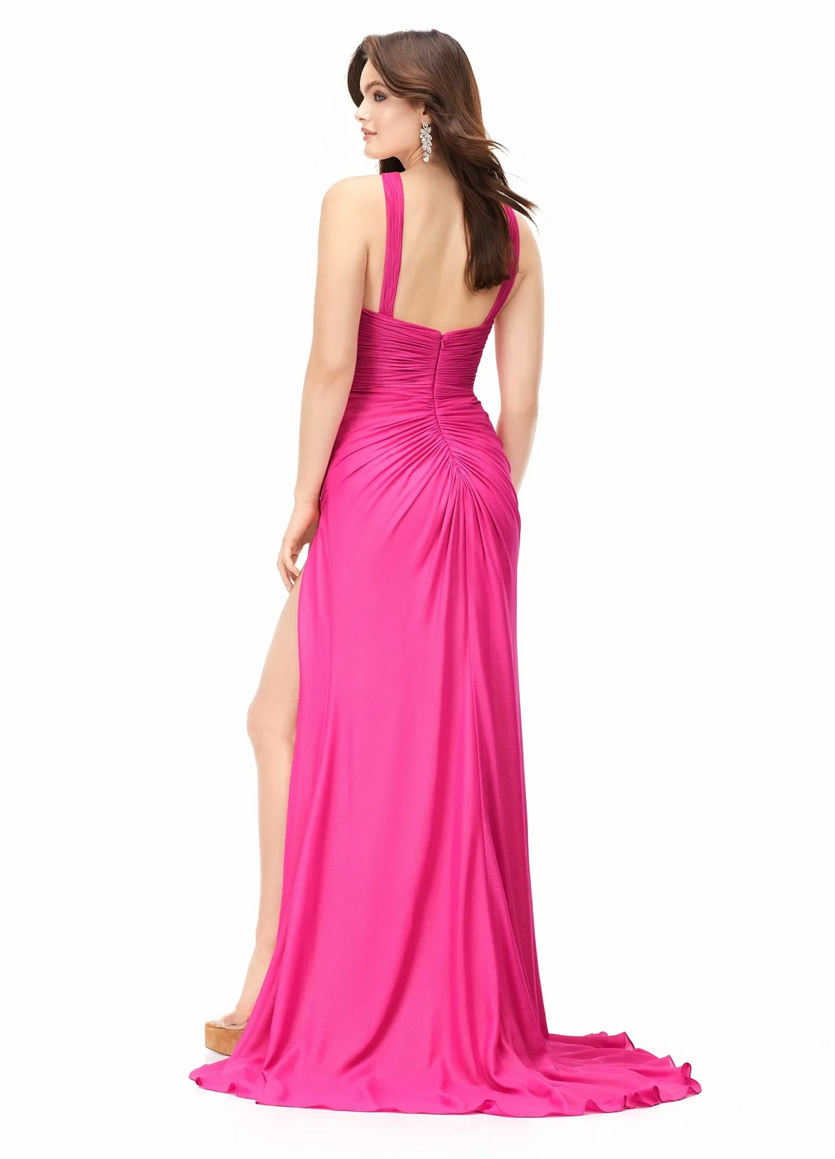 fuchsia sheath halter keyhole openback slit long prom dress