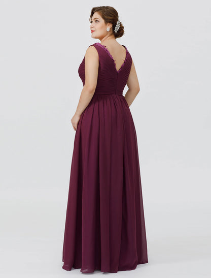 Sheath / Column Mother of the Bride Dress Formal Classic & Timeless Elegant & Luxurious Plus Size V Neck Floor Length Chiffon Sleeveless yes with Sash / Ribbon Criss Cross Appliques