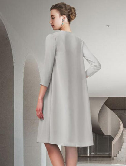 Two Piece A-Line Mother of the Bride Dress Church Elegant Jewel Neck Knee Length Chiffon Sleeveless with Pleats Ruched