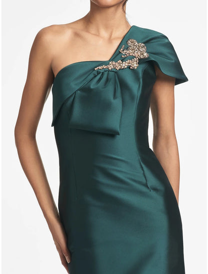 Metallic Satin One-Shoulder Mermaid Evening Gown with Beaded Bow Accent