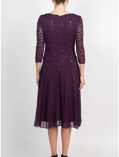 A-Line Mother of the Bride Dress Wedding Guest Elegant Petite Jewel Neck Knee Length Chiffon Lace 3/4 Length Sleeve with Pleats Sequin