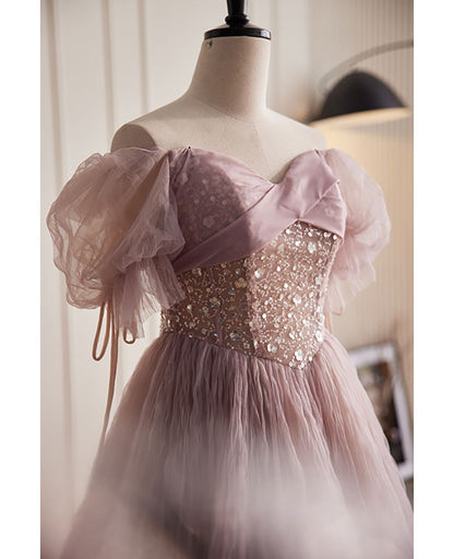 Charming dark pink glittering beaded sequins off the shoulder short sleeved ball dress, dark pink A-line/princess backless and ground length evening dress