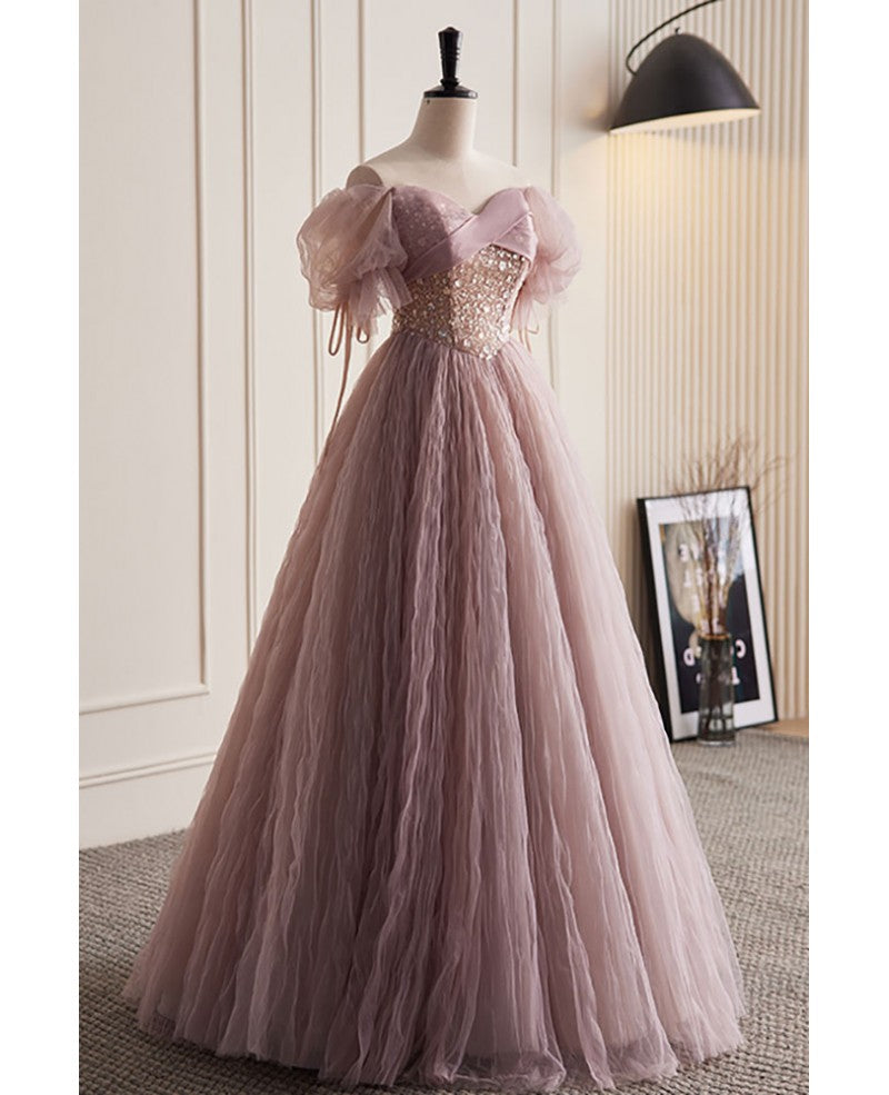 Charming dark pink glittering beaded sequins off the shoulder short sleeved ball dress, dark pink A-line/princess backless and ground length evening dress