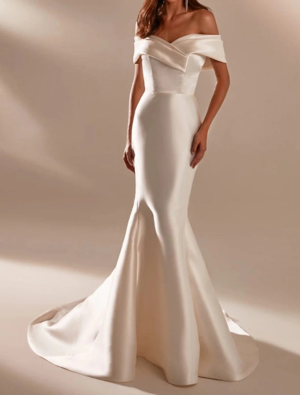 Engagement Formal Wedding Dresses Mermaid / Trumpet Off Shoulder Cap Sleeve Court Train Satin Bridal Gowns With Bow(s)