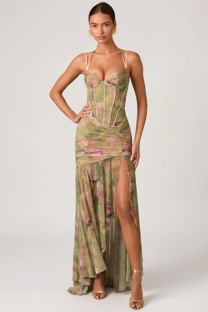 green floral corset halter spaghetti strap ruched high slit maxi prom dress