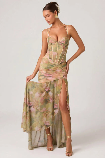 green floral corset halter spaghetti strap ruched high slit maxi prom dress