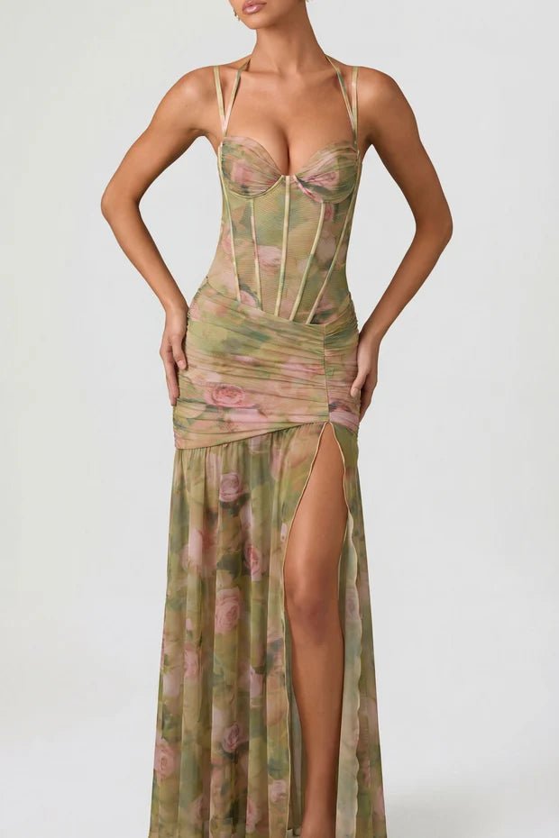 green floral corset halter spaghetti strap ruched high slit maxi prom dress
