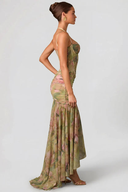 green floral corset halter spaghetti strap ruched high slit maxi prom dress