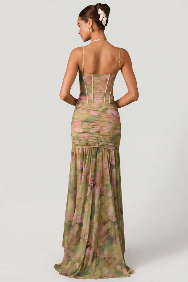 green floral corset halter spaghetti strap ruched high slit maxi prom dress