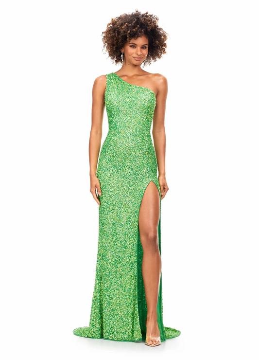 green one shoulder sequin lace up back high slit mermaid prom dress