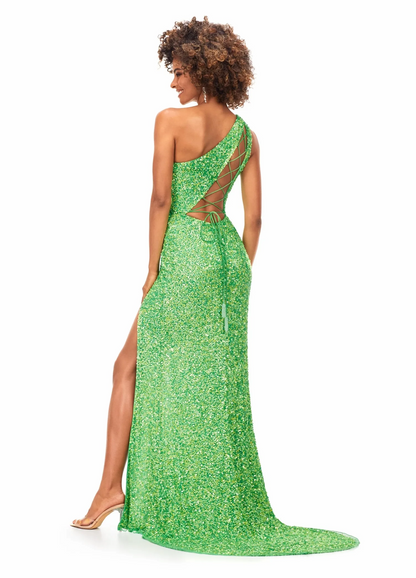 green one shoulder sequin lace up back high slit mermaid prom dress