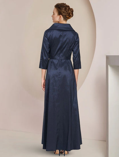 A-Line Mother of the Bride Dress Formal Wedding Guest Party Elegant Shirt Collar Asymmetrical Ankle Length Taffeta Short Sleeve with Bow(s)