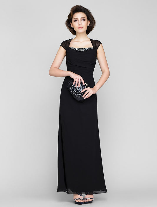 Sheath / Column Mother of the Bride Dress See Through Square Neck Ankle Length Chiffon Sleeveless No with Beading