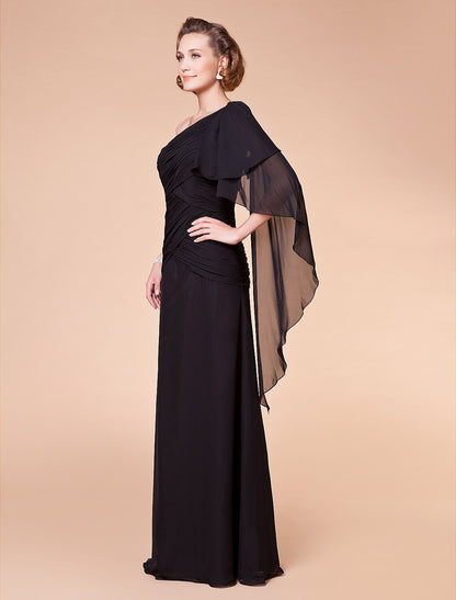 A-Line Mother of the Bride Dress Floral One Shoulder Floor Length Chiffon Sleeveless with Criss Cross Side Draping Flower