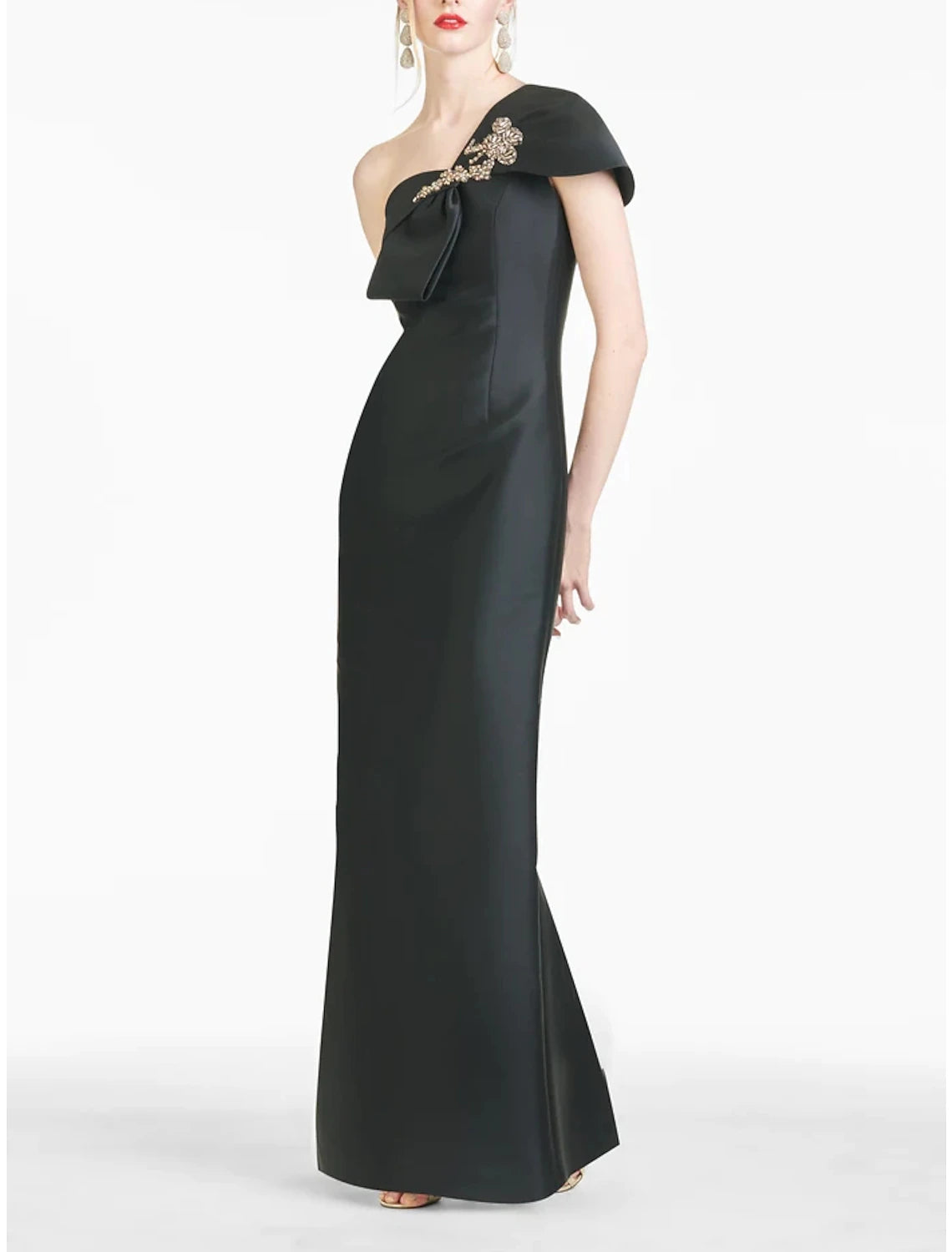 Metallic Satin One-Shoulder Mermaid Evening Gown with Beaded Bow Accent