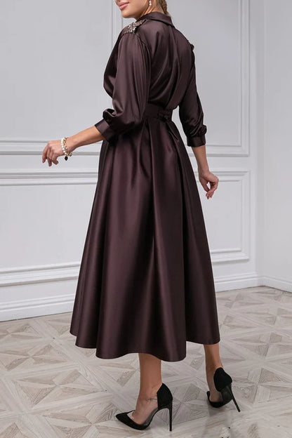 Elegant satin A-line V-neck 3/4 sleeve beaded mother of the bride dress