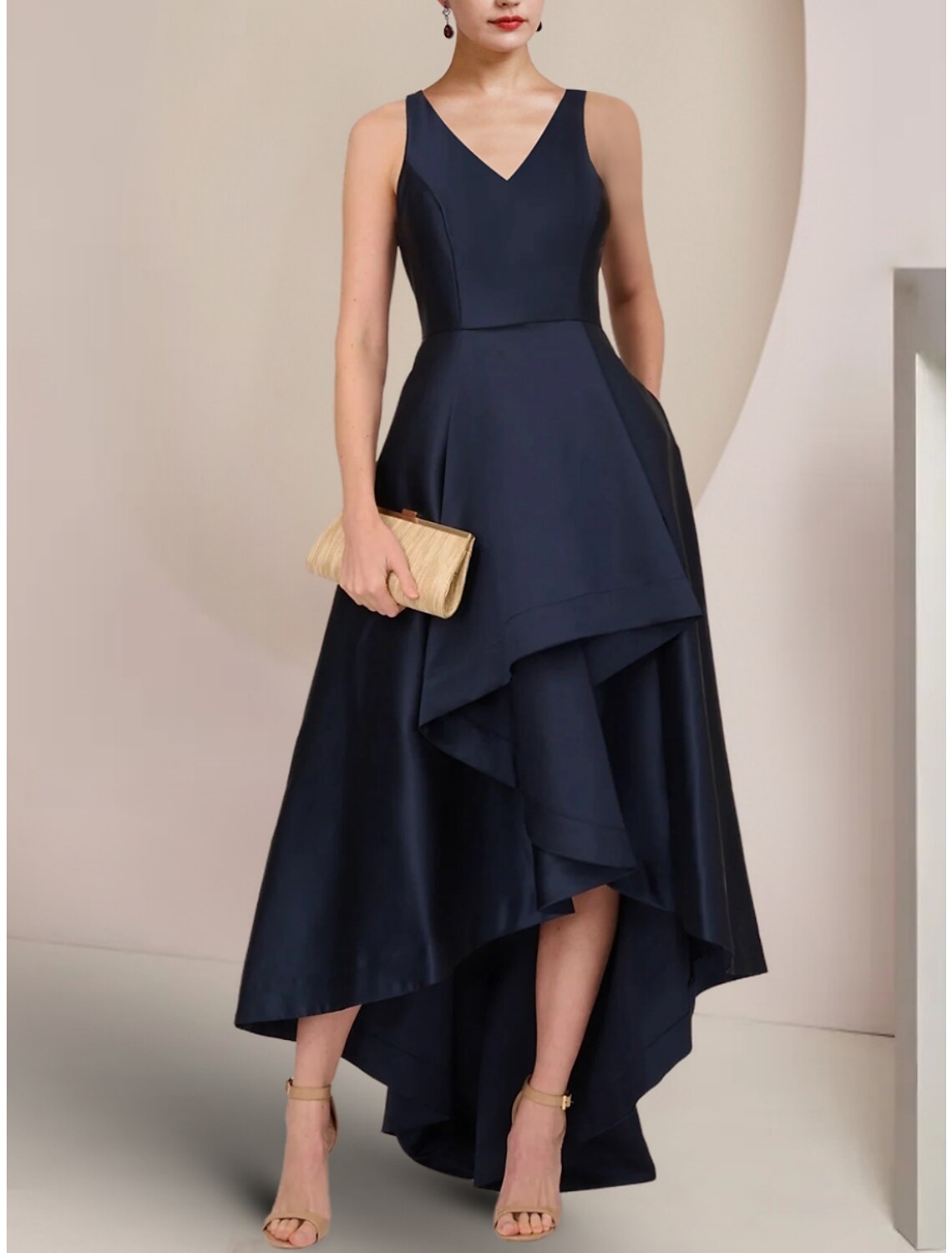 A-Line Mother of the Bride Dress Wedding Guest Elegant V Neck Asymmetrical Floor Length Satin Long Sleeve with Ruching Solid Color