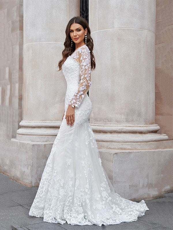 Trumpet/Mermaid Tulle Applique Scoop Long Sleeves Sweep/Brush Train Wedding Dresses
