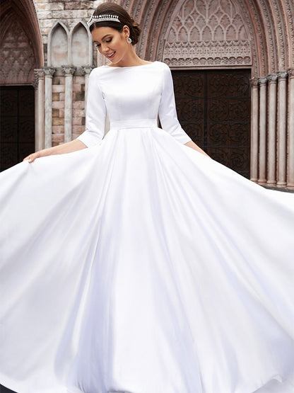 A-Line/Princess Satin Bowknot Bateau 3/4 Sleeves Sweep/Brush Train Wedding Dresses
