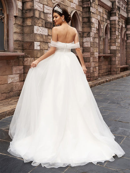 A-Line/Princess Tulle Sleeveless Off-the-Shoulder Ruched Sweep/Brush Train Wedding Dresses