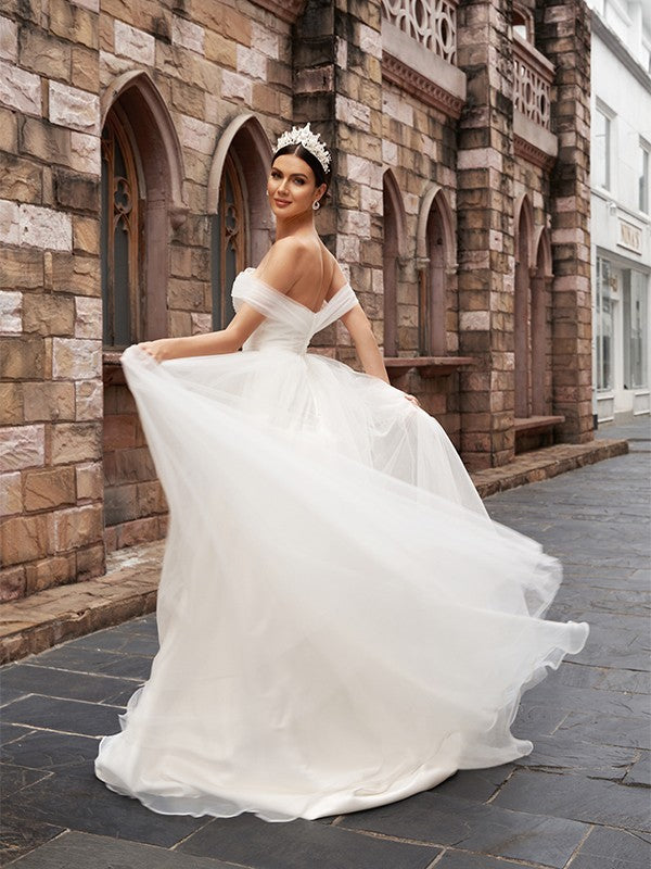 A-Line/Princess Tulle Sleeveless Off-the-Shoulder Ruched Sweep/Brush Train Wedding Dresses