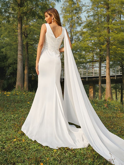 Sheath/Column NS  Woven Satin Ruched Scoop Sleeveless Sweep/Brush Train Wedding Dresses