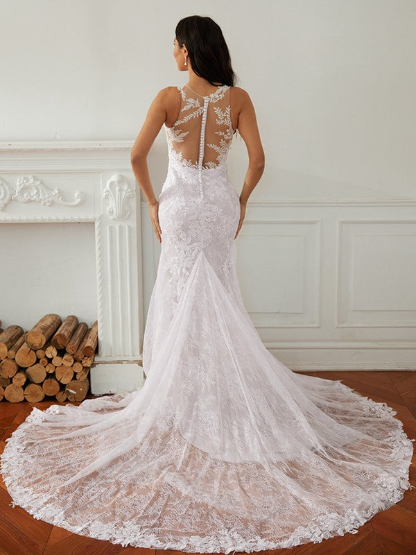 Column Lace Scoop Sleeveless Court Train Wedding Dresses