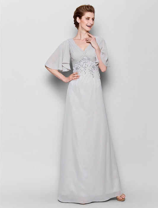 Sheath / Column Mother of the Bride Dress Open Back V Neck Floor Length Chiffon Half Sleeve No with Criss Cross Beading