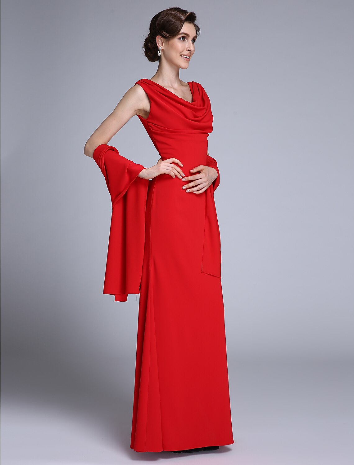 Mermaid / Trumpet Mother of the Bride Dress Wrap Included Cowl Neck Floor Length Chiffon Sleeveless yes with Pleats