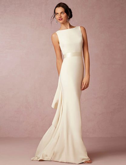 Hall Open Back Casual Wedding Dresses Sheath / Column Scoop Neck Sleeveless Sweep / Brush Train Fabric Bridal Gowns With Draping Summer Fall Wedding Party  Women's Clothing