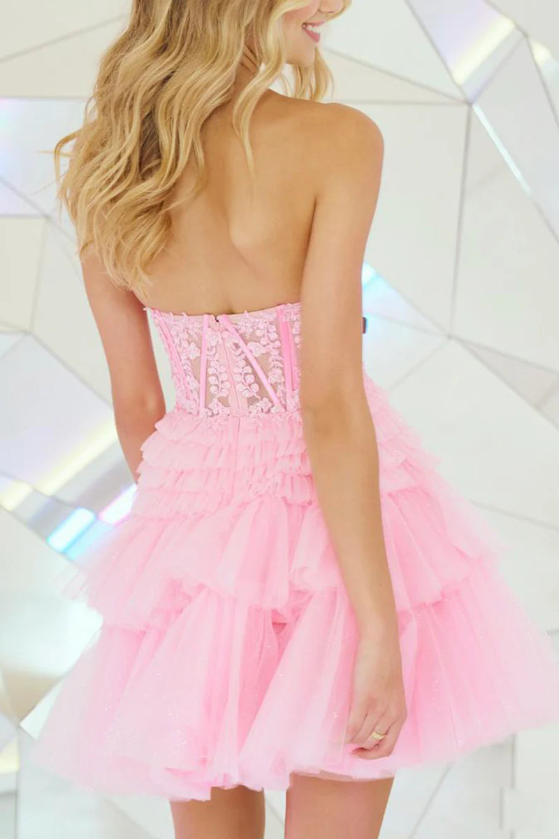 A line Sweetheart Layered Lace Applique Pink Short Homecoming Dress