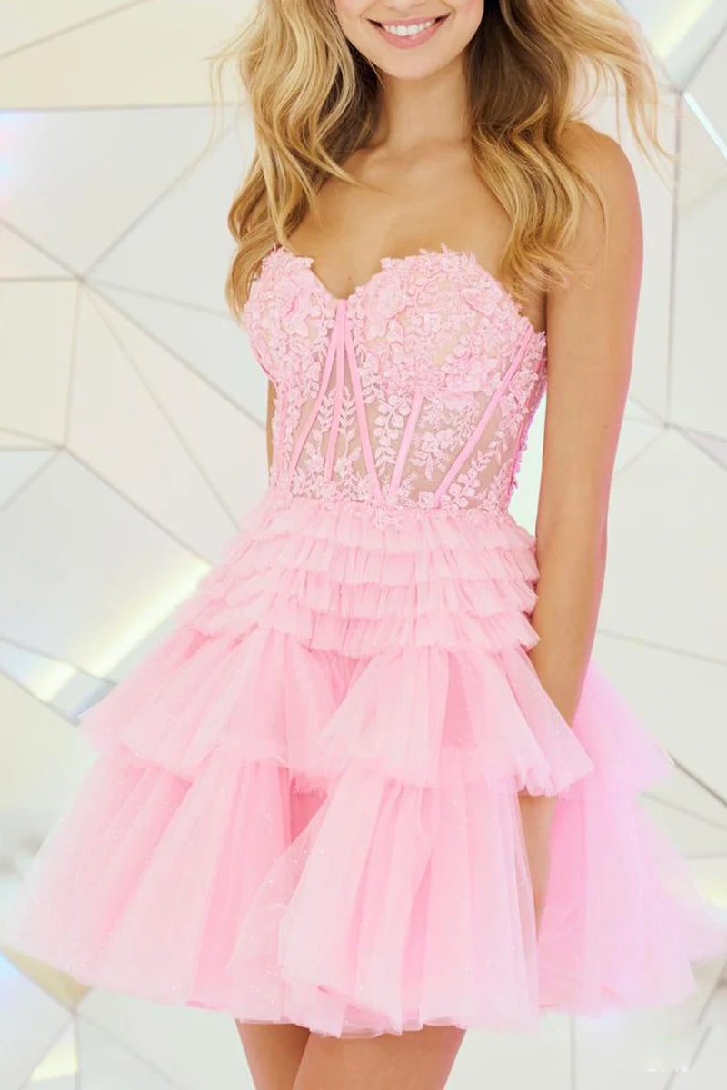 A line Sweetheart Layered Lace Applique Pink Short Homecoming Dress