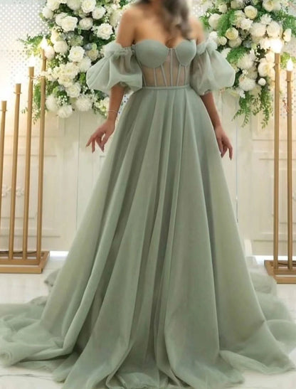 A-Line Prom Dresses Corsets Dress Wedding Black Tie Court Train Short Sleeve Strapless Tulle with Ruched