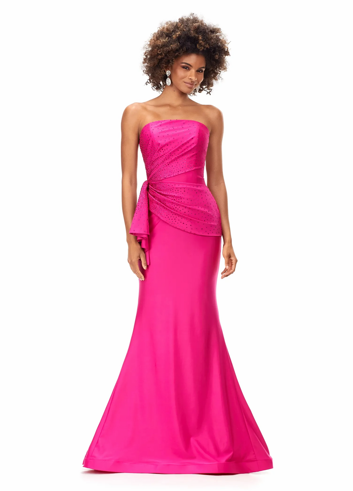 hot pink strapless beaded wrap waist mermaid long prom dress