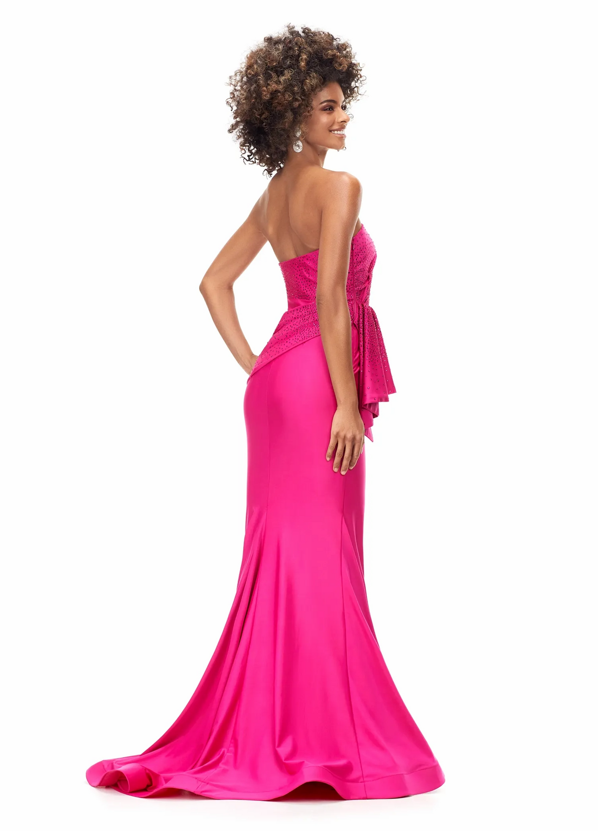 hot pink strapless beaded wrap waist mermaid long prom dress