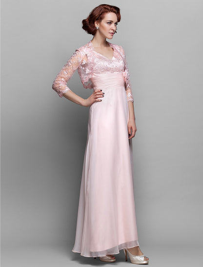 Sheath / Column Mother of the Bride Dress V Neck Ankle Length Chiffon Lace 3/4 Length Sleeve with Bow(s) Ruched