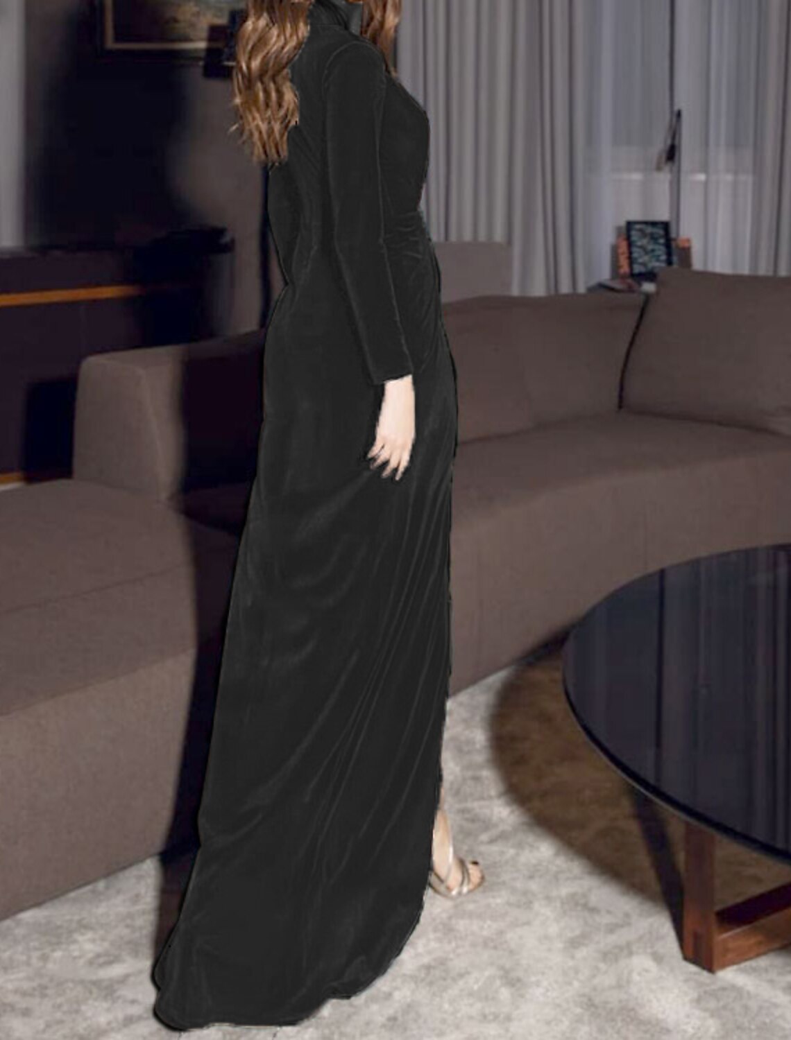 Sheath Evening Gown Vintage Dress Red Green Dress Formal Evening Floor Length Long Sleeve V Neck Fall Wedding Guest Velvet with Draping Slit