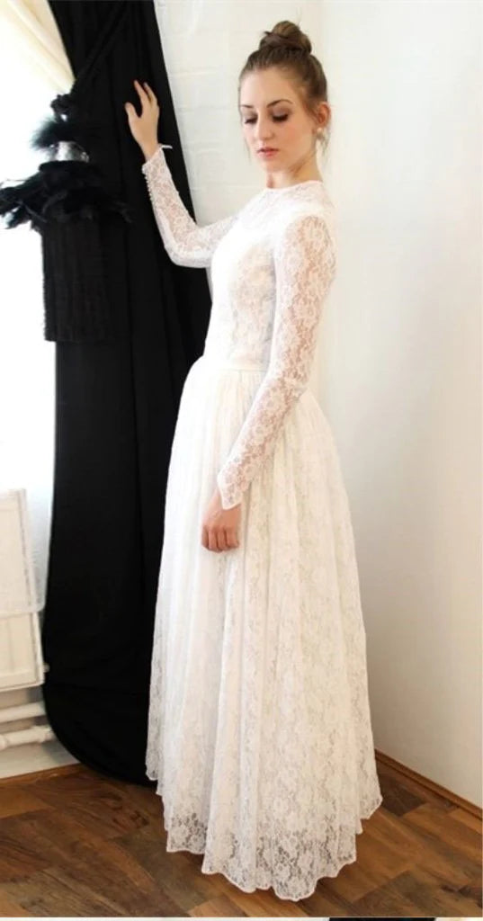 Elegant Princess Long Sleeve A Line Lace High Neck Ivory Long Wedding Dresses