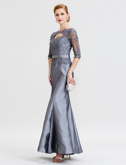 Mermaid / Trumpet Mother of the Bride Dress Beautiful Back See Through Illusion Detail Jewel Neck Floor Length Taffeta Corded Lace 3/4 Length Sleeve with Beading