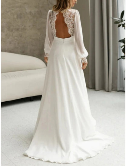 Beach Simple Wedding Dresses Formal Wedding Dresses A-Line Illusion Neck Long Sleeve Floor Length Tulle Bridal Gowns With Ruched Beading