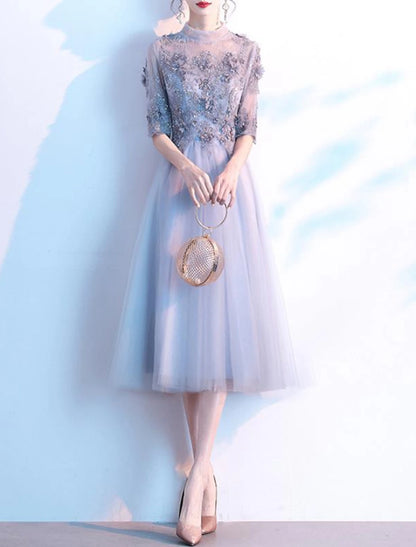 A-Line Cocktail Dresses Elegant Dress Wedding Guest Party Wear Knee Length Half Sleeve High Neck Lace with Pleats Sequin Appliques