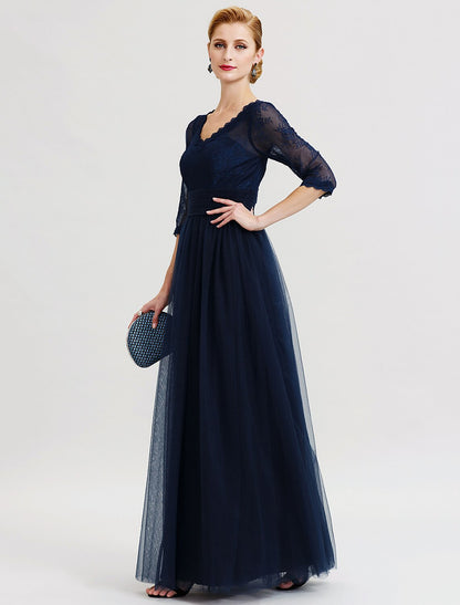 Ball Gown A-Line Mother of the Bride Dress Beautiful Back See Through V Neck Floor Length Tulle Sheer Lace 3/4 Length Sleeve with Sash / Ribbon Pleats / Illusion Sleeve