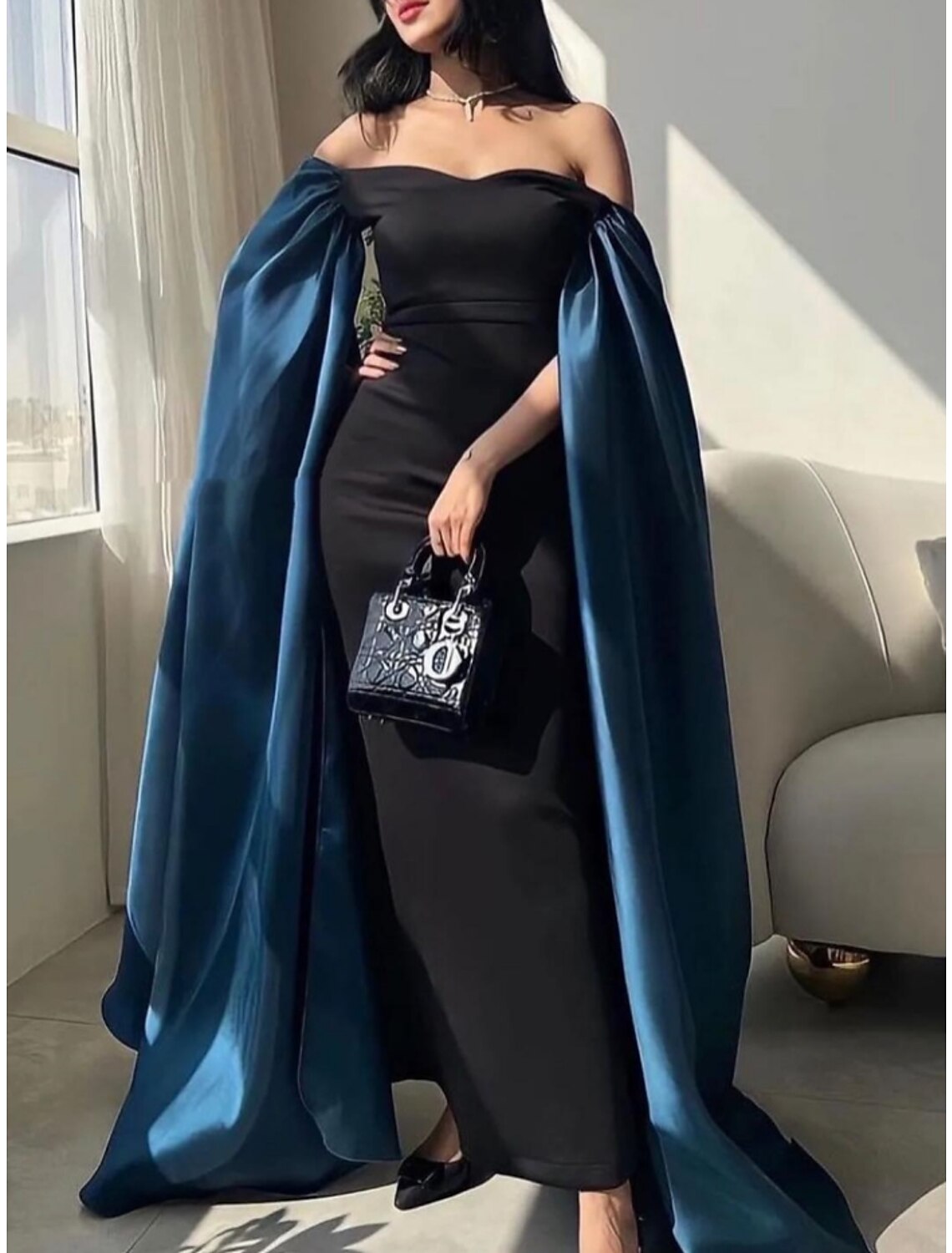 Sheath / Column Evening Gown Elegant Dress Formal Ankle Length Black Dress Long Sleeve Off Shoulder Satin with Pleats Ruched