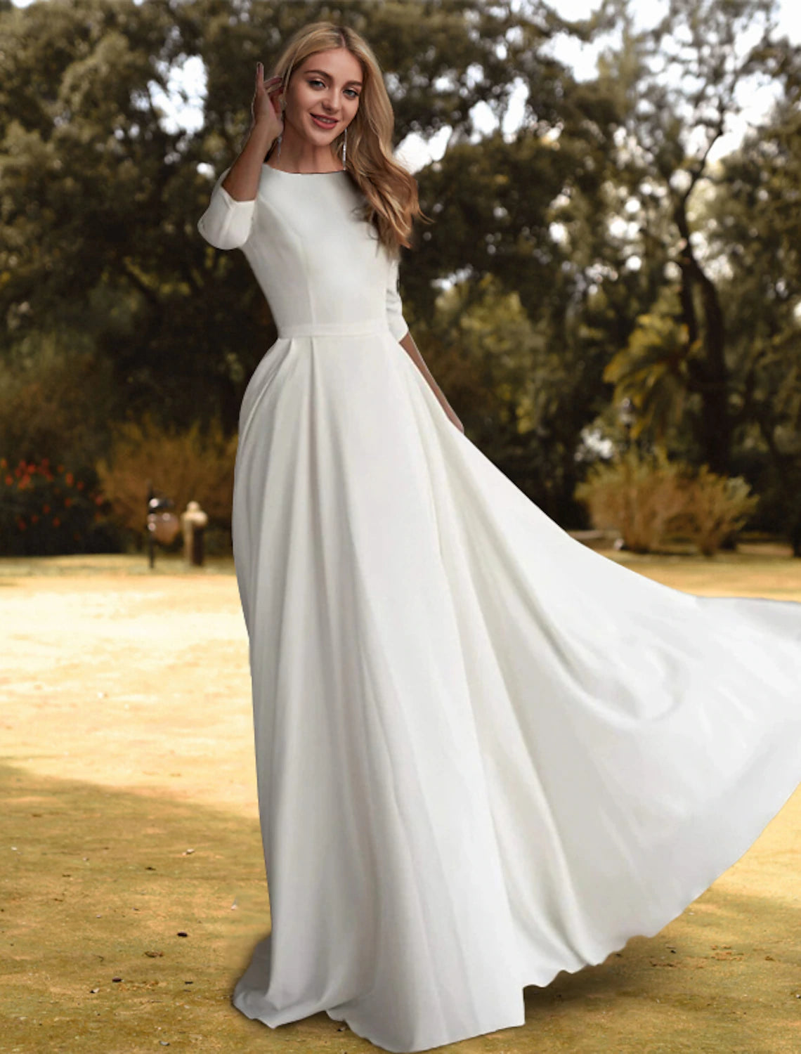 Hall Casual Fall Wedding Dresses A-Line Scoop Neck 3/4 Length Sleeve Sweep / Brush Train Stretch Fabric Bridal Gowns With Pleats Solid Color  Summer Wedding Party, Women's Clothing