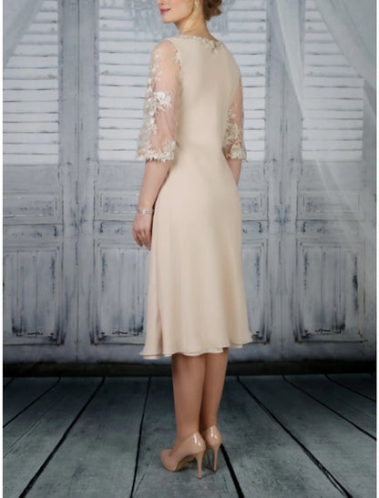 Elegant Sheath Scoop Neck Half Sleeve Tea Length Mother of the Bride Dress