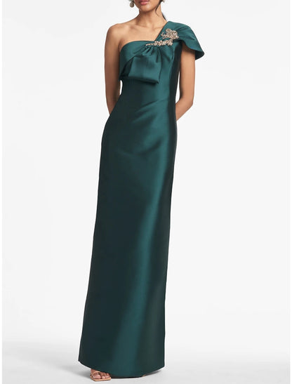 Metallic Satin One-Shoulder Mermaid Evening Gown with Beaded Bow Accent