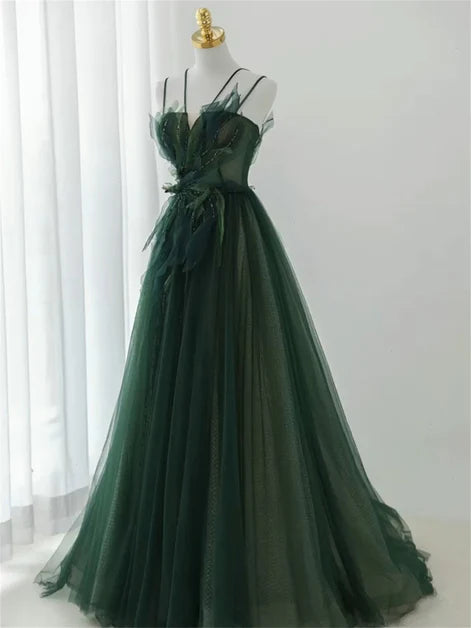 Charming dark green long beaded sequins A-line evening dress party dress, dark green shoulder strap sleeveless backless and floor length evening dress