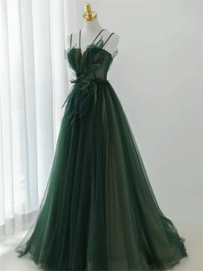 Charming dark green long beaded sequins A-line evening dress party dress, dark green shoulder strap sleeveless backless and floor length evening dress
