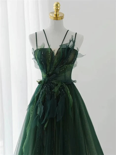 Charming dark green long beaded sequins A-line evening dress party dress, dark green shoulder strap sleeveless backless and floor length evening dress